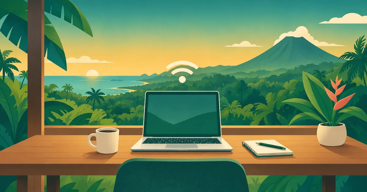 Nómada digital trabajando remoto desde Costa Rica con ordenador portátil frente a playa