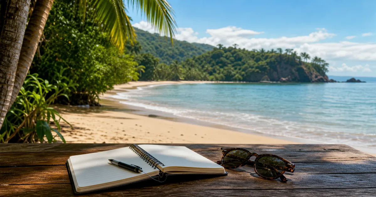 Playa tropical de Costa Rica con cuaderno de planificación de viaje